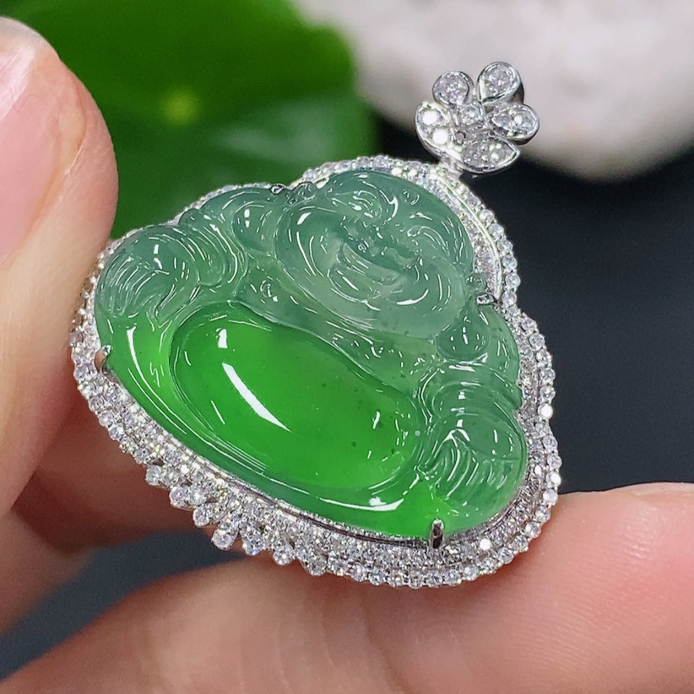 Jadeite Buddha Inlaid Pendant 18K Gold Total Weight Approx. 4.4g (With Diamond Accents)