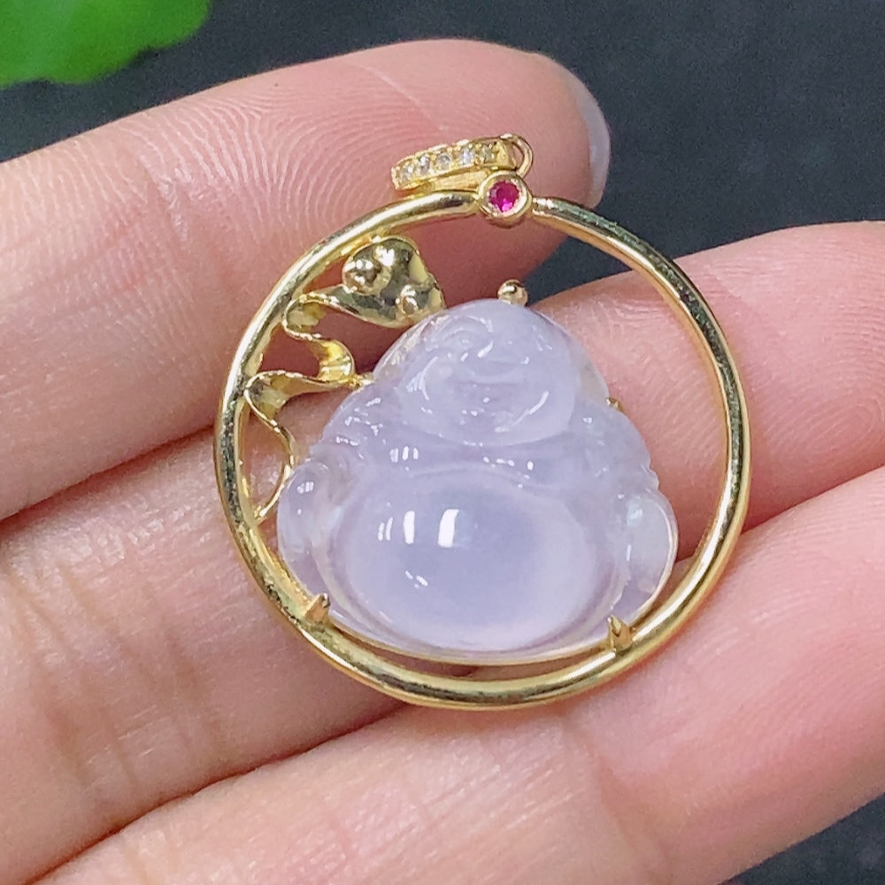 Jadeite Inlaid Buddha Pendant with 18K Gold and Diamond Accents, Total Weight Approximately 3.76g