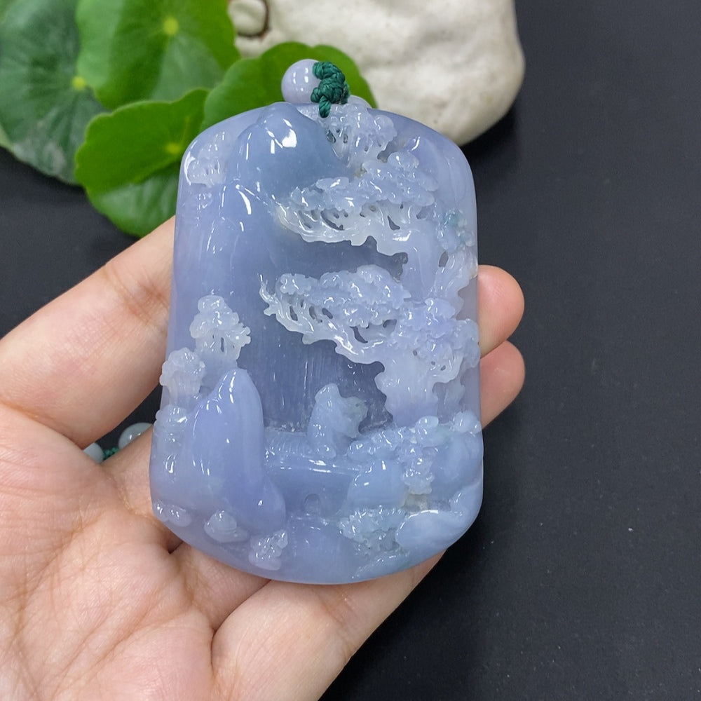 Jadeite landscape pendant with chain, handcrafted jade jewelry featuring detailed green and white jade scenery, HKHQ brand.