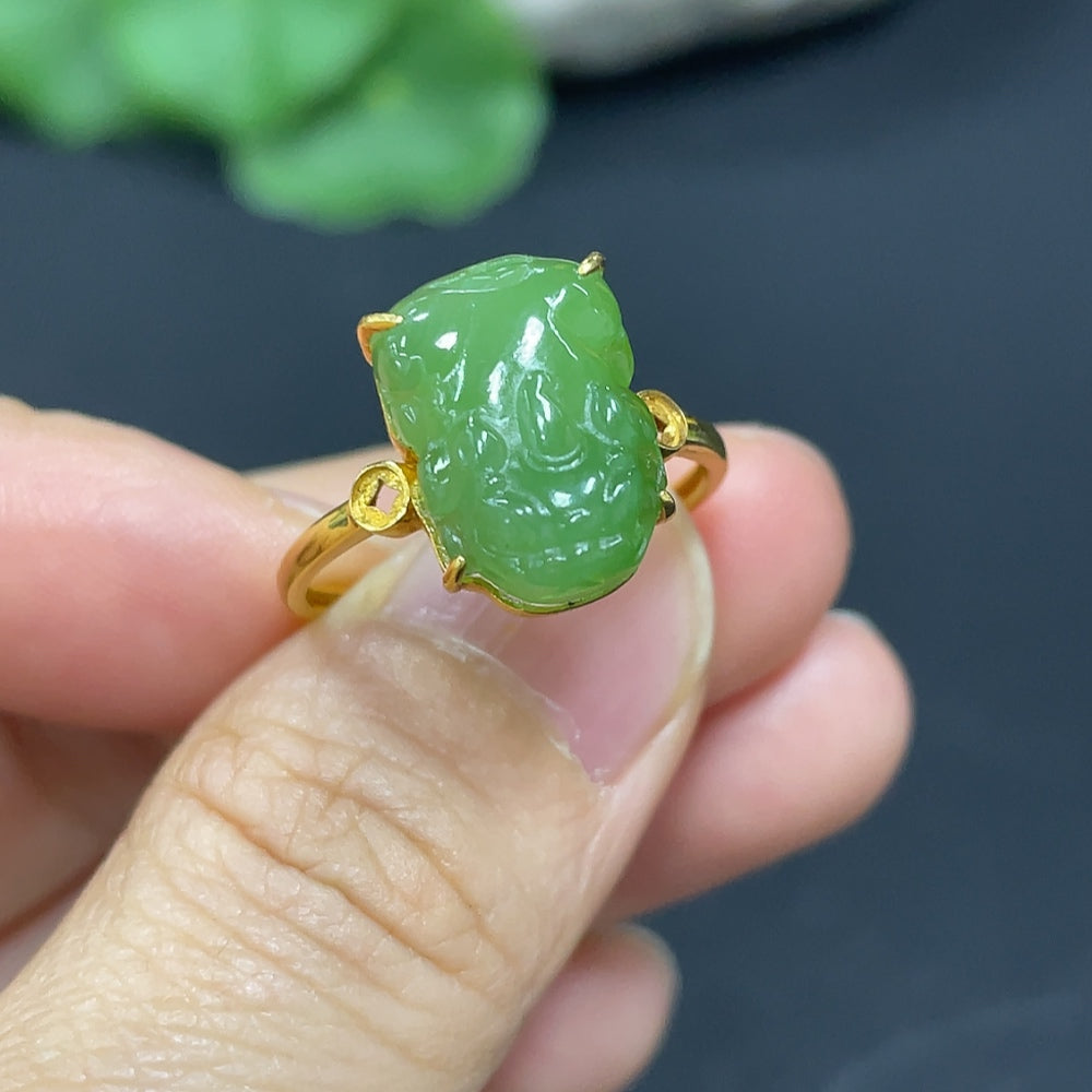 Hetian jade Pi Xiu inlaid ring with 18k gold setting, size 16.5, featuring a detailed jade carving and gold accents.