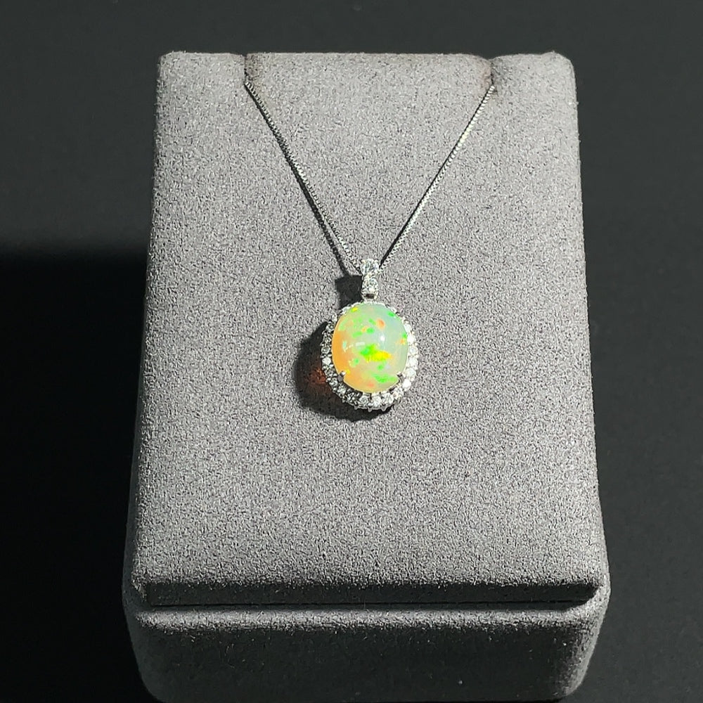 Opal Necklace with Diamond Accents, Pendant Pt87%, Chain Pt84%