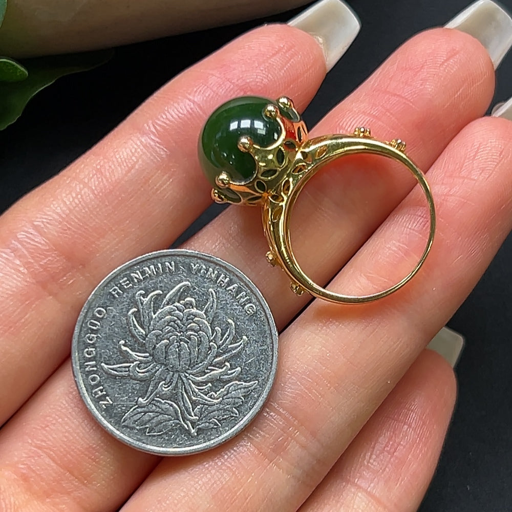 Hetian Jade Round Bead Ring with 18K Gold and Diamond Accents