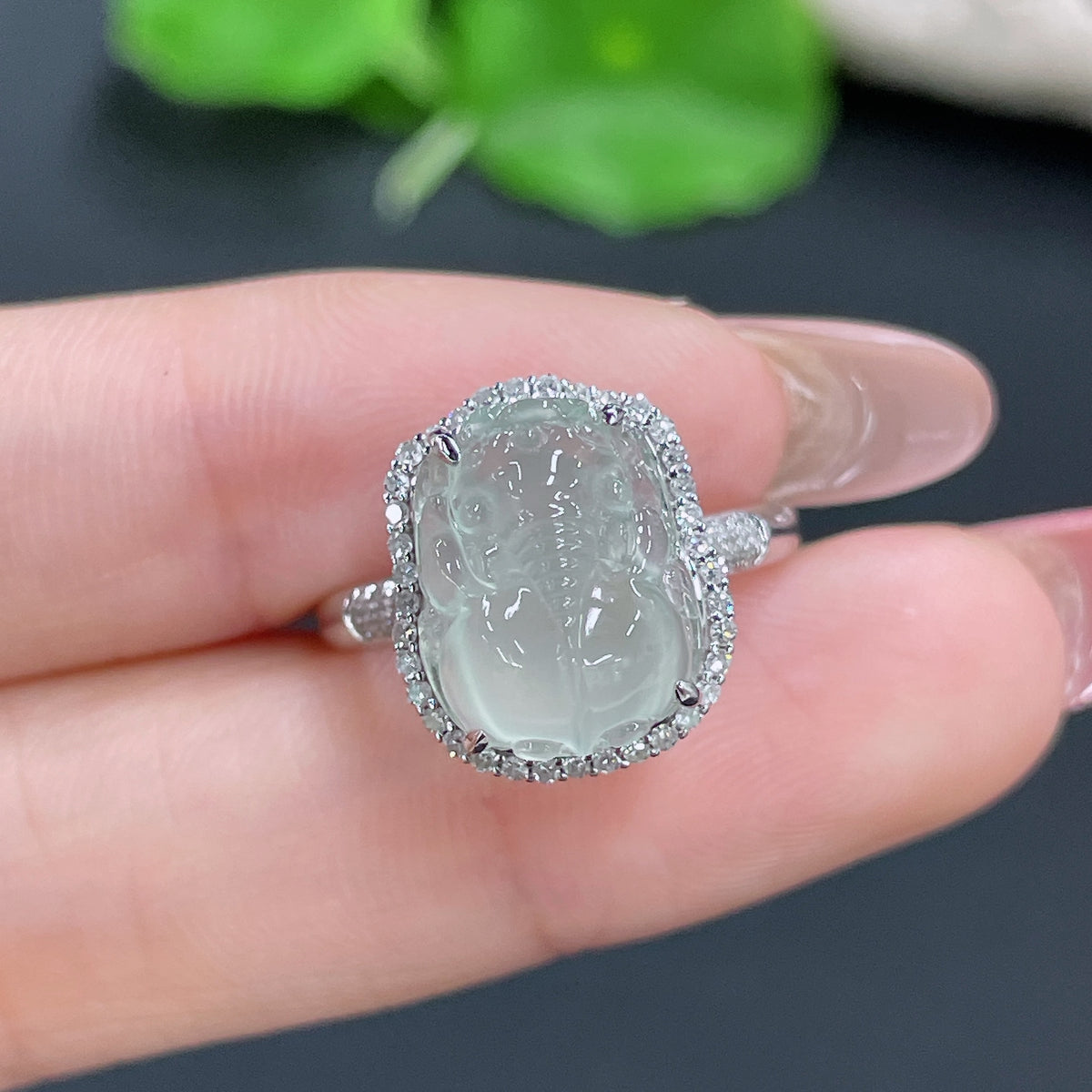 Jadeite ring with 18k gold band and diamond accent, size 14, weight approximately 3.05g, featuring green jade gemstone.