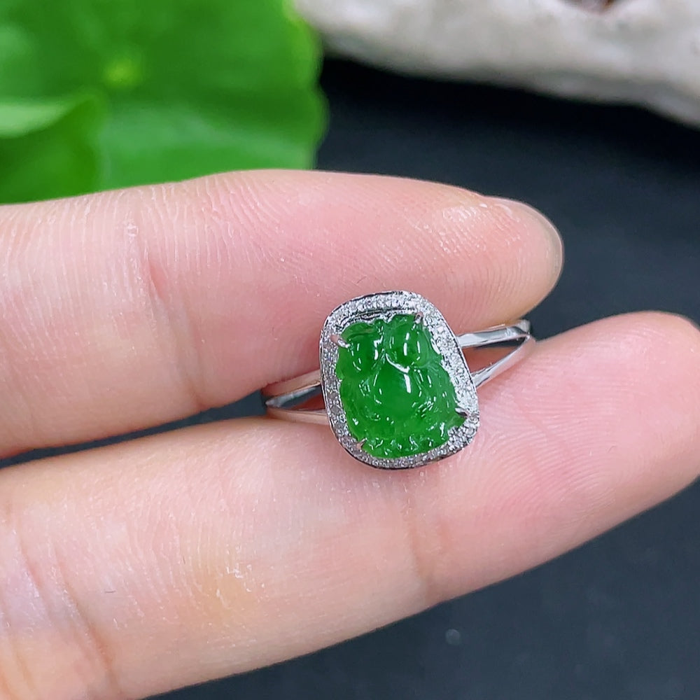 Jadeite ring with 18k gold and diamond accent, size 13, HKHQ brand, showcasing the polished jade gemstone and intricate band design.