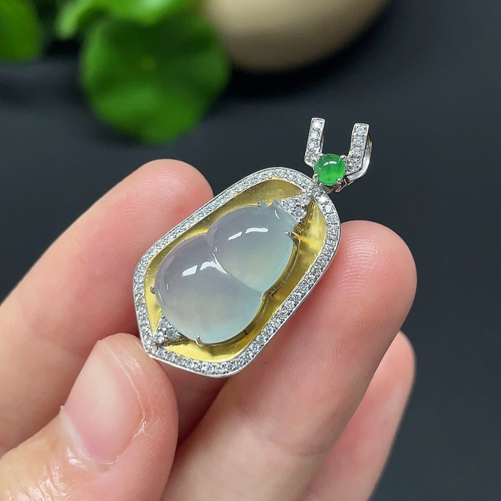 Jadeite Gourd Inlaid Pendant 18k with Diamond Accents