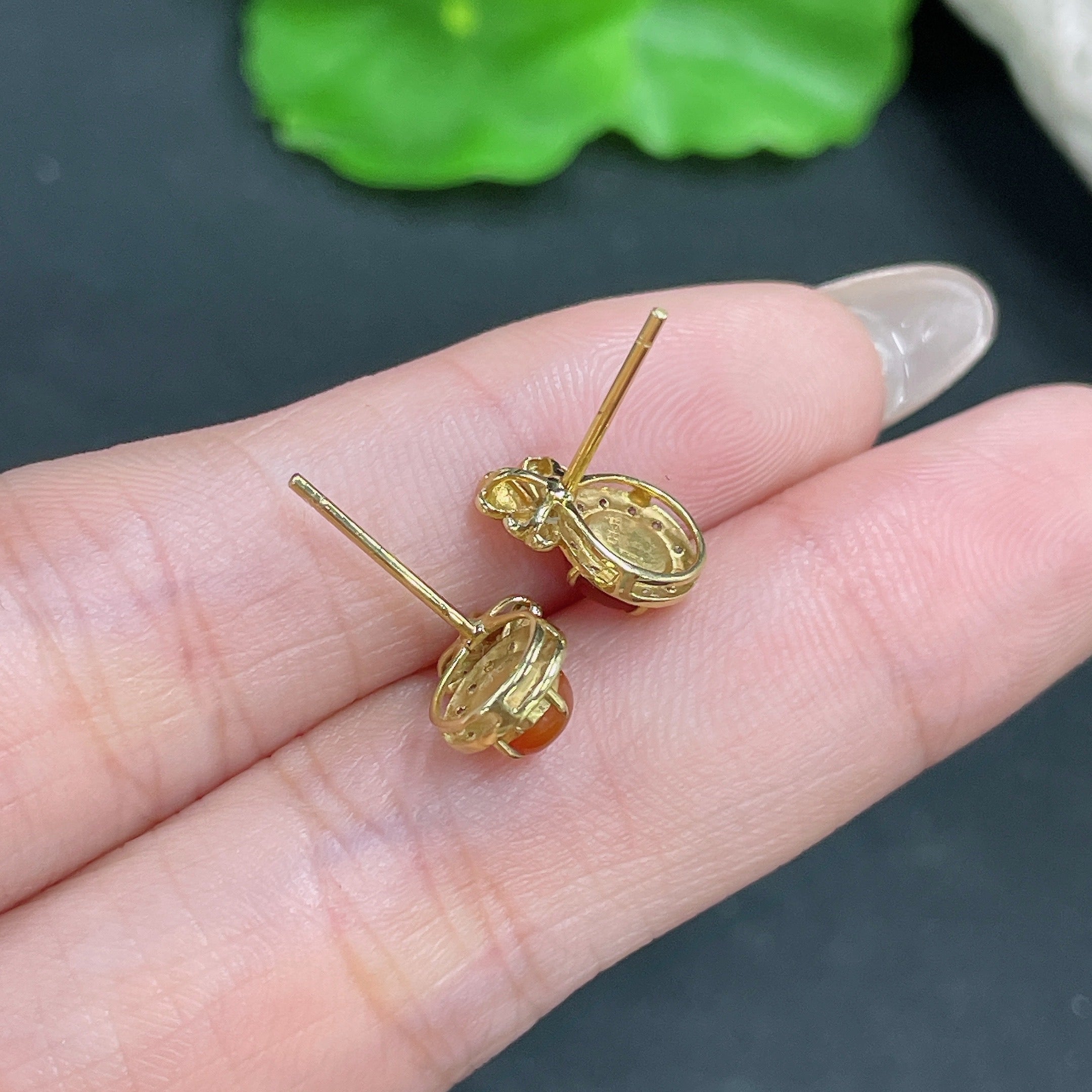 Jadeite Cabochon Earrings with 18K Gold and Diamond Accents, Total Weight Approx. 1.37g (Excluding Ear Studs)