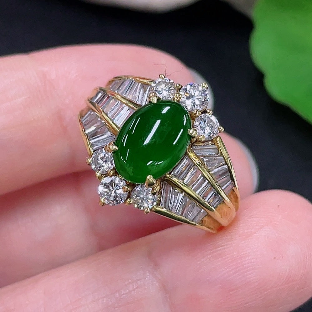 Jadeite inlaid ring Size 16 Au73% Total weight approx. 8.3g (with diamond accents)