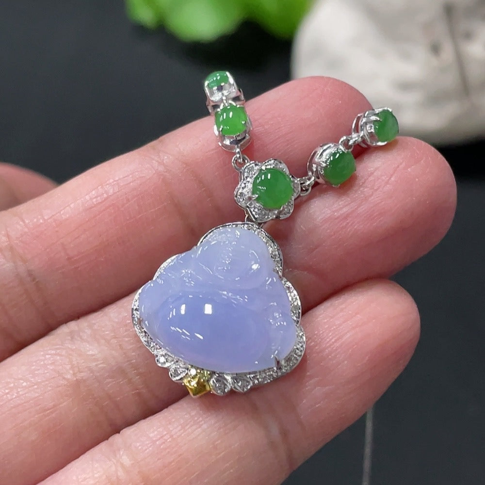 Jadeite Inlaid Buddha Pendant with 18k Gold and Colorless Diamonds, Total Weight Approximately 5.87g Including Chain