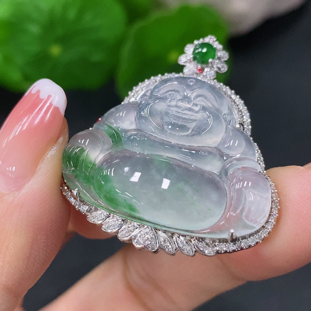Jadeite Inlaid Buddha Pendant 18k Marked in Red for Uncertain Natural Origin Total Weight Approx. 8.5g