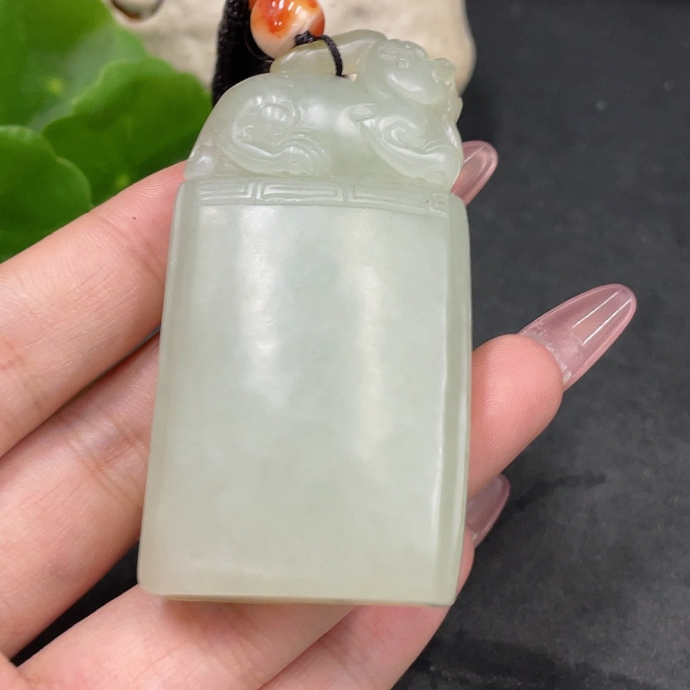 Hetian Jade Pendant  Antique Style  Undetermined Skin Color Origin  Total Weight (including rope) Approx. 74.3g