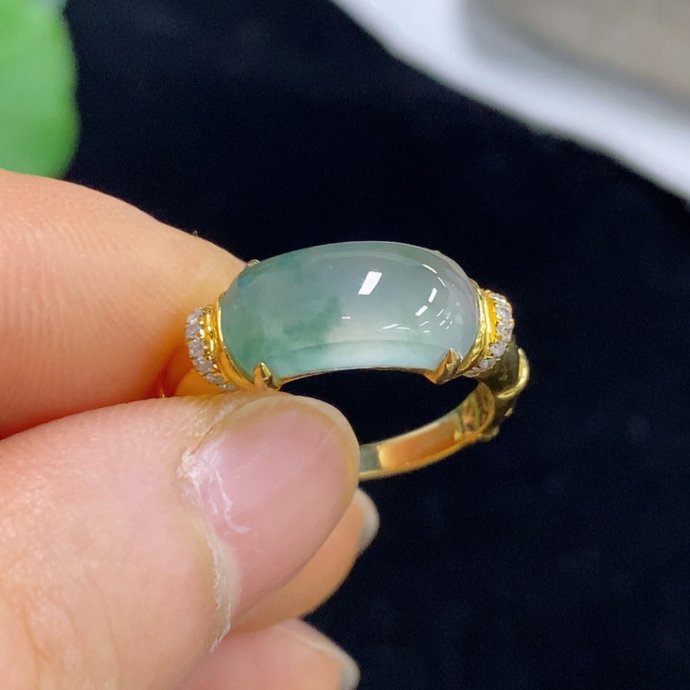 Jadeite Ring 18k Gold Set with Diamonds Total Weight Approx. 3.4g Size 14
