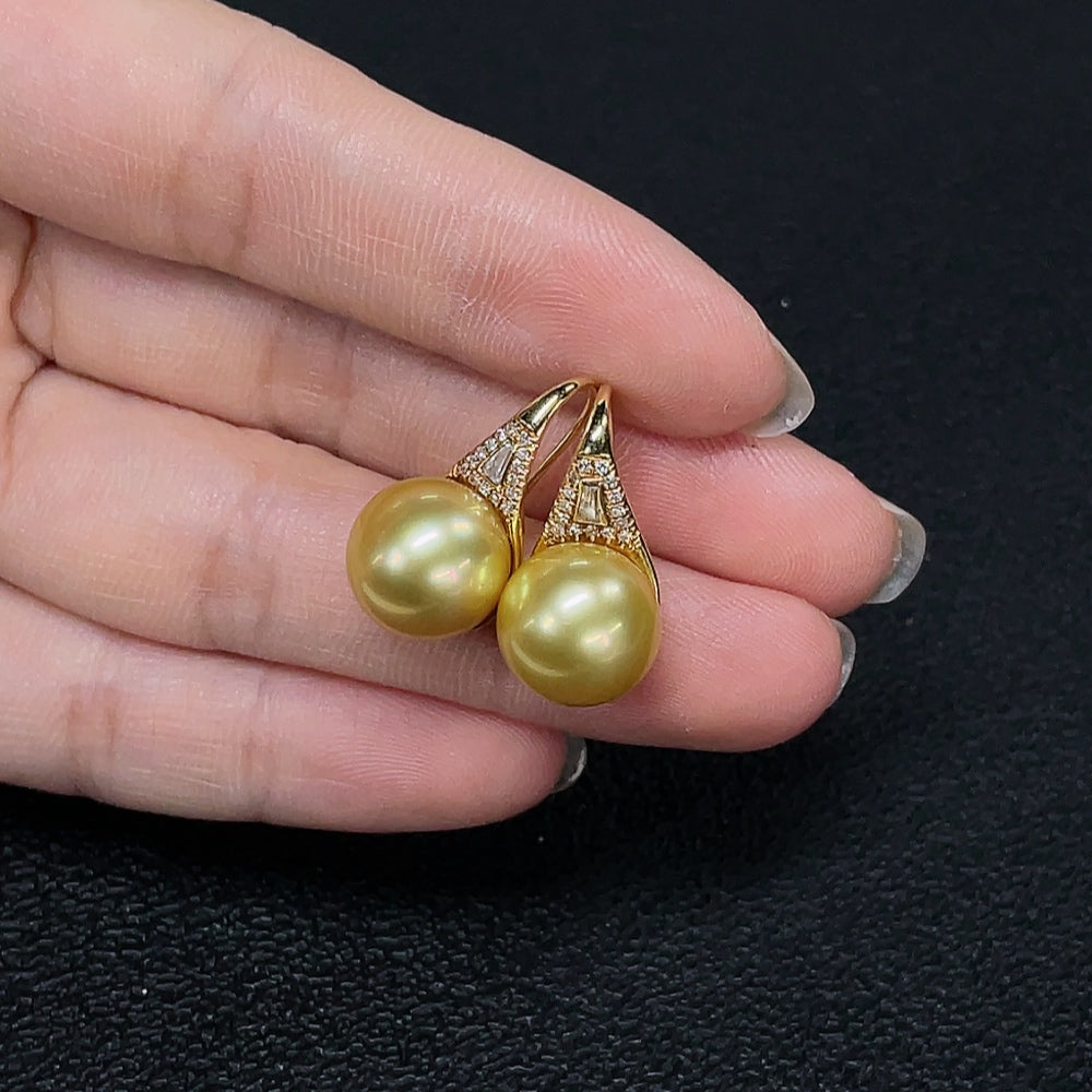 Seawater Pearl Earrings with 18k Gold, Approximately 11mm, Color Origin Undetermined, Accented with Diamonds