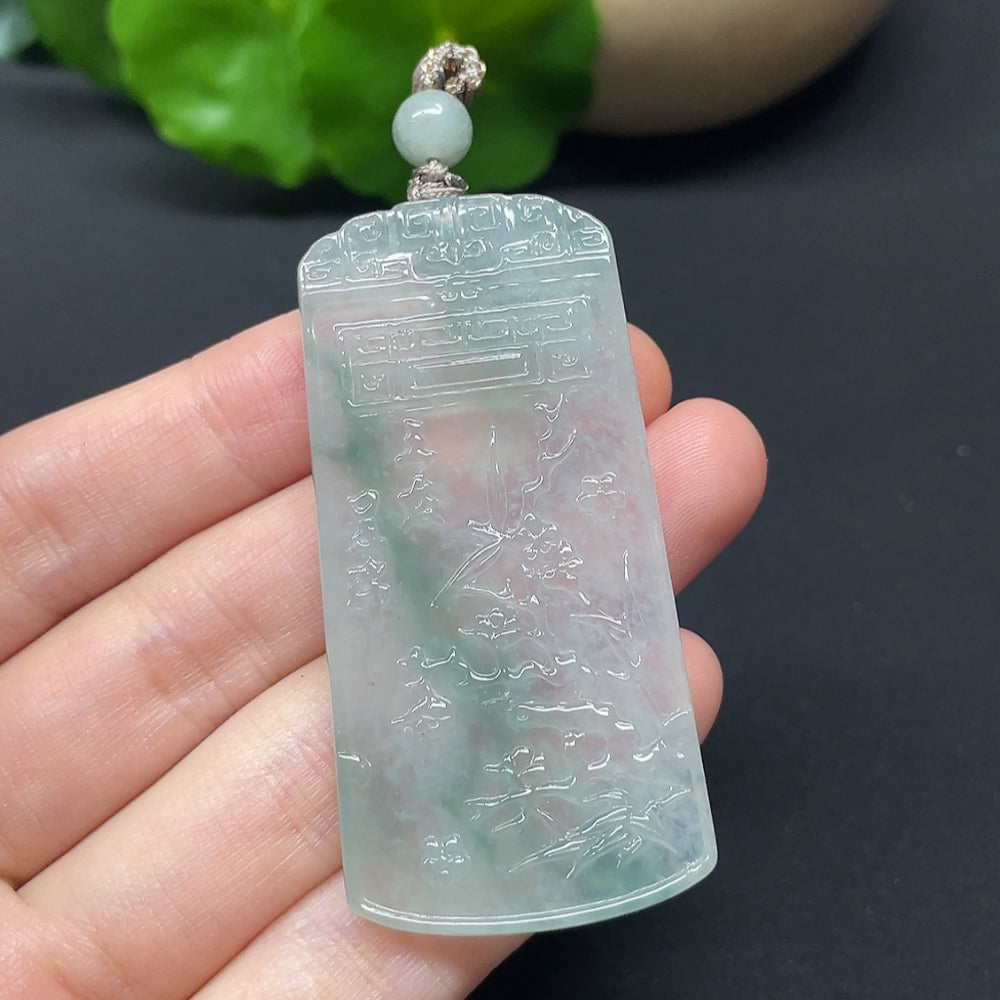 Jadeite Three Friends of Winter plaque with cord, featuring detailed green jade carvings, weighing approximately 17.89g.