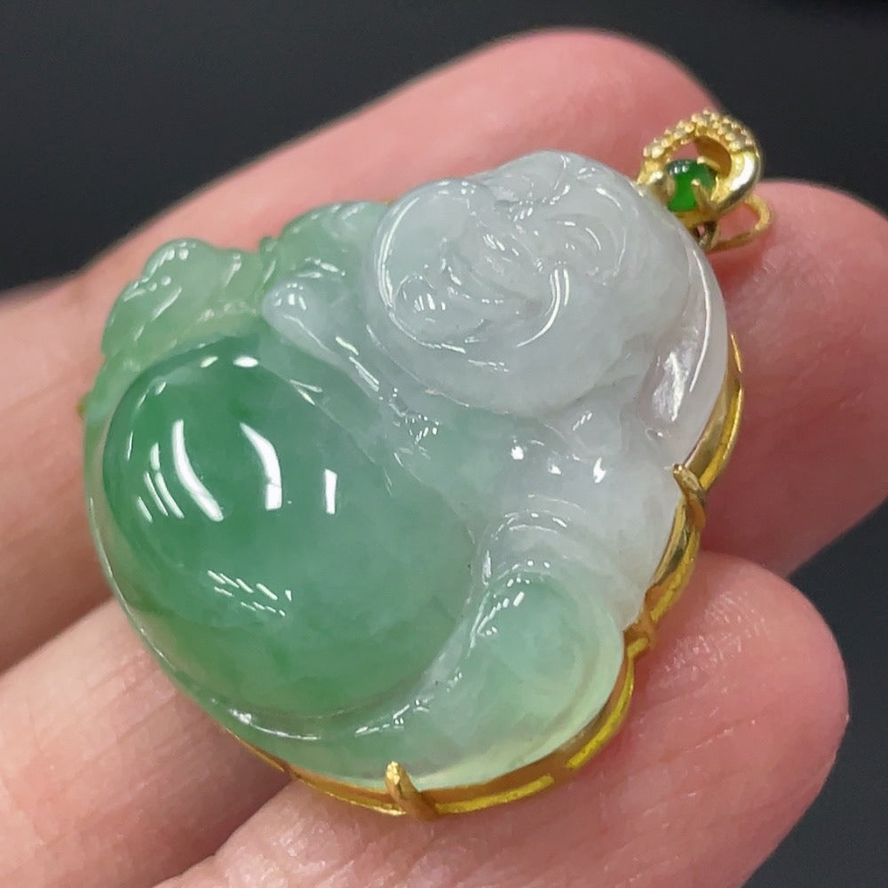 Jadeite Buddha Pendant with 18K Gold and Diamond Accents, Total Weight Approx. 6g