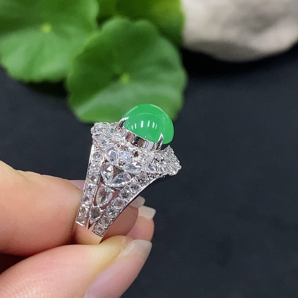 Jadeite Cabochon Ring with 18K Gold, Size 15, Accented with Diamonds, Total Weight Approx. 7.7g