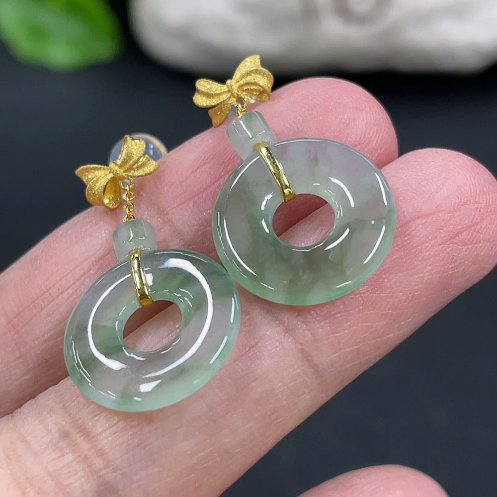 Jadeite donut inlaid earrings pair 18k gold inlaid total weight approx. 2.76g (excluding ear stoppers)