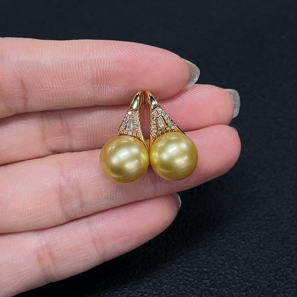 Seawater Pearl Earrings with 18k Gold, Approximately 11mm, Color Origin Undetermined, Accented with Diamonds