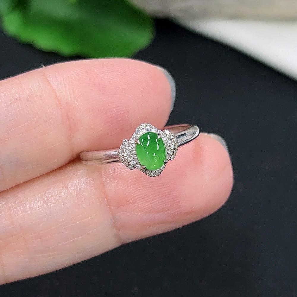 Jadeite and Diamond Ring in 18k Gold, Size 14, Total Weight Approx. 1.37g