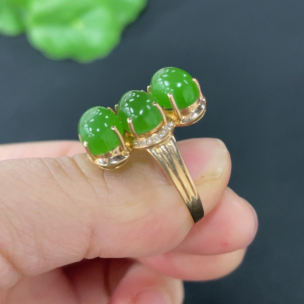 Hetian Jade Jasper Inlaid Ring, 18k Gold, Size 15, Total Weight Approx. 3.1g, Accented with Diamonds