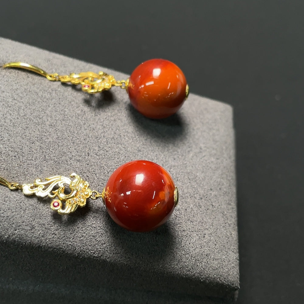 Red Agate Earrings with 18K Gold and Diamond Accents, Colorless, Visible Organic Matter, Non-Natural Accent Stones