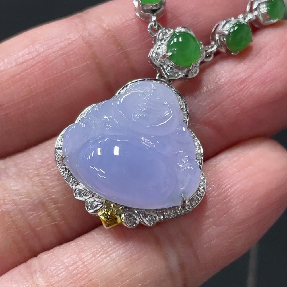 Jadeite Inlaid Buddha Pendant with 18k Gold and Colorless Diamonds, Total Weight Approximately 5.87g Including Chain