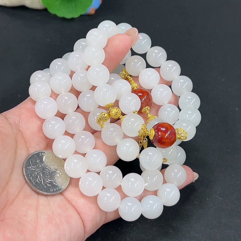 Hetian Jade Bracelet + Bead Chain, Approx. 11.9/11.8mm, Total Weight Approx. 184.1g, Bead Chain 18k, Bracelet Unmarked, Gold Content Tested 18k, Sold as a Set