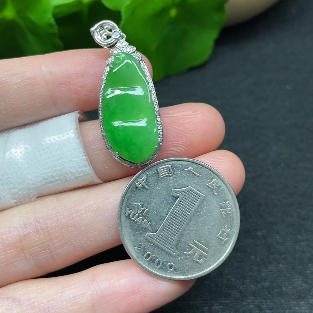 Jadeite Lucky Bean Pendant with 18K Gold and Diamond Accents