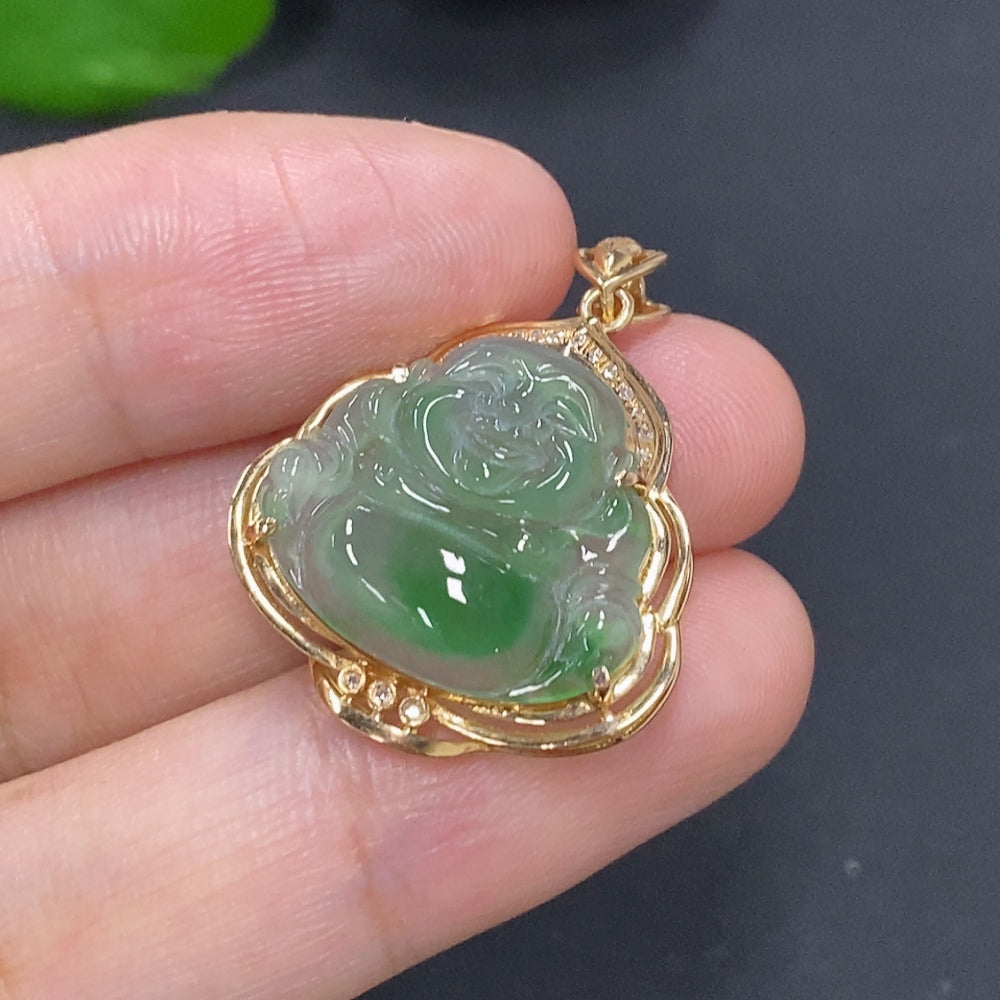 Jadeite Buddha Pendant with 18K Gold Setting, Total Weight Approx. 2.7g (with Diamond Accents)