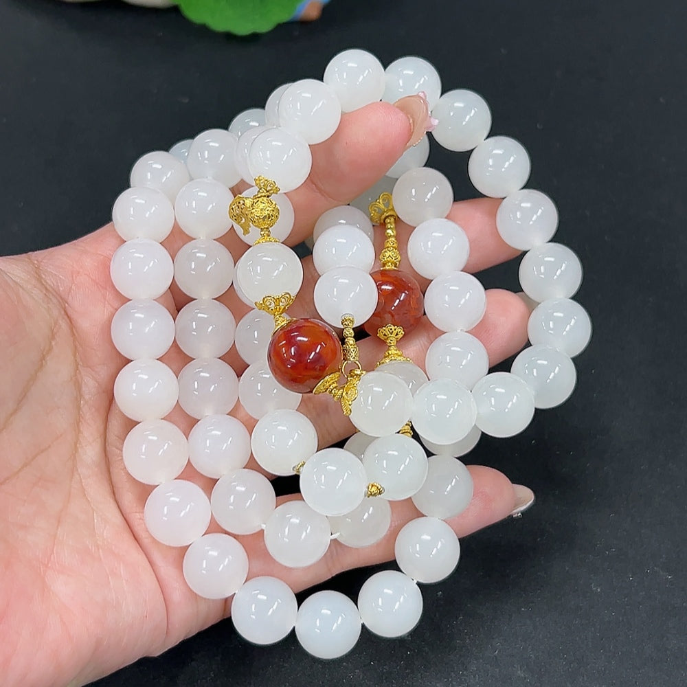 Hetian Jade Bracelet + Bead Chain, Approx. 11.9/11.8mm, Total Weight Approx. 184.1g, Bead Chain 18k, Bracelet Unmarked, Gold Content Tested 18k, Sold as a Set