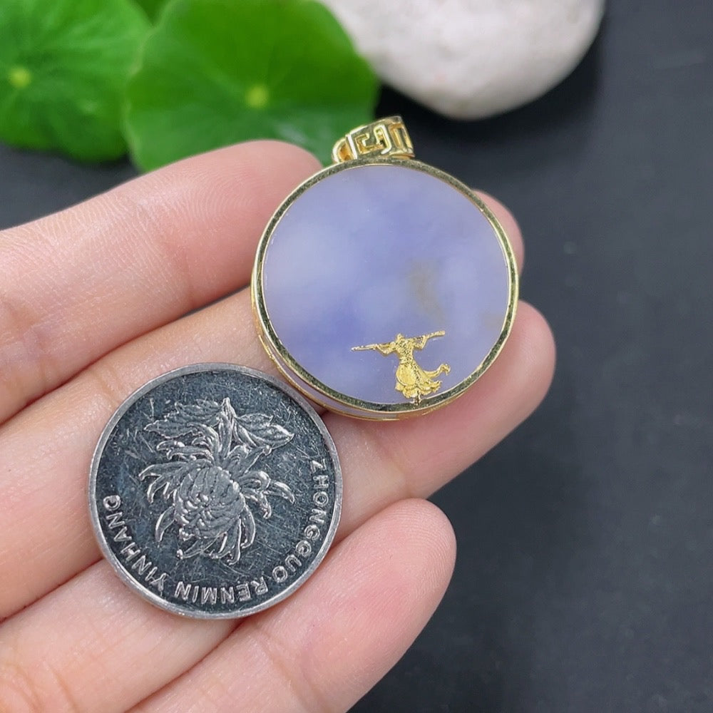 Jadeite plain pendant with 18k gold setting, necklace featuring a smooth, polished jadeite stone, weight approx. 6.85g, from HKHQ.