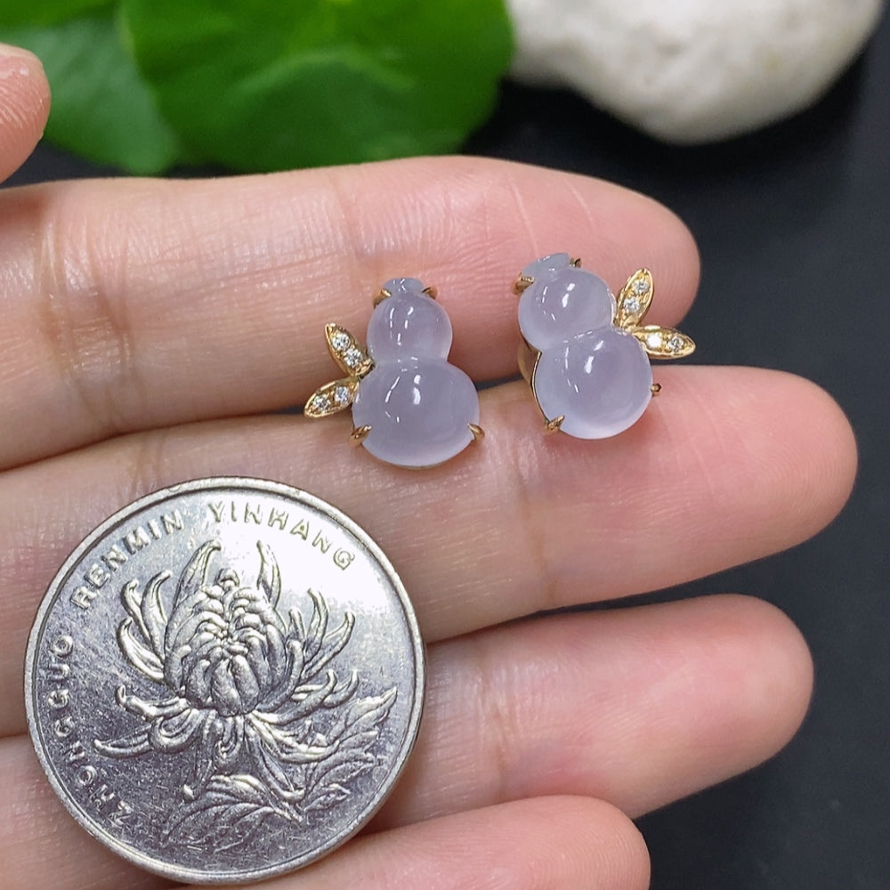 Jadeite Gourd Inlaid Earrings 18K Gold Total Weight Approximately 3.1g Without Ear Backs (Accented with Diamonds)
