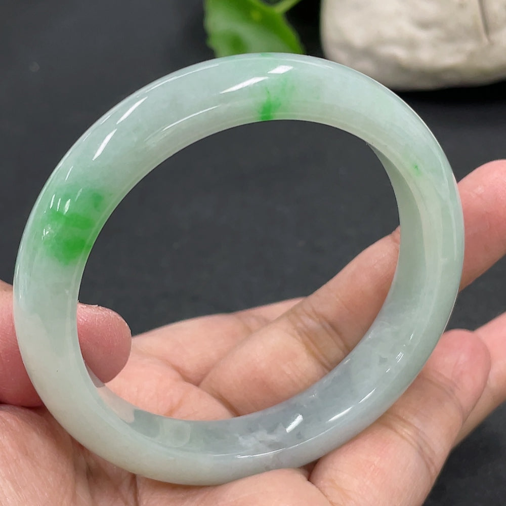 Jadeite round bracelet featuring smooth green jade beads, weighs approximately 48.16g, size 53.5mm, by HKHQ.