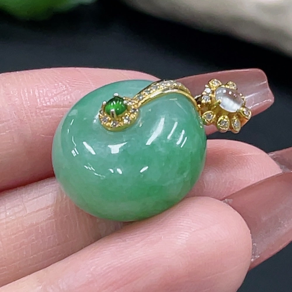 JadeitePeace Button Pendant with 18K Gold and Diamond Accents, Total Weight Approx. 8.99g