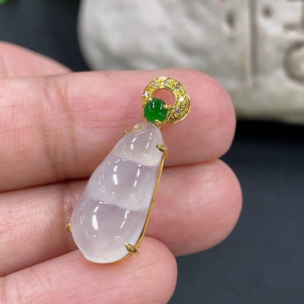Jadeite Blessed Bean Pendant, 18K Gold Setting with Diamond Accents