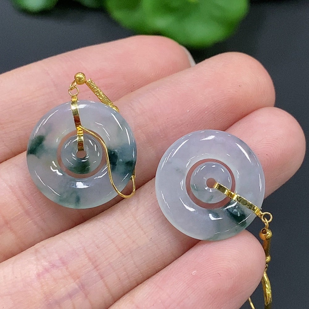 Jadeite Mother-and-Son Button Inlaid Earrings 18k Gold Total Weight 3.3g