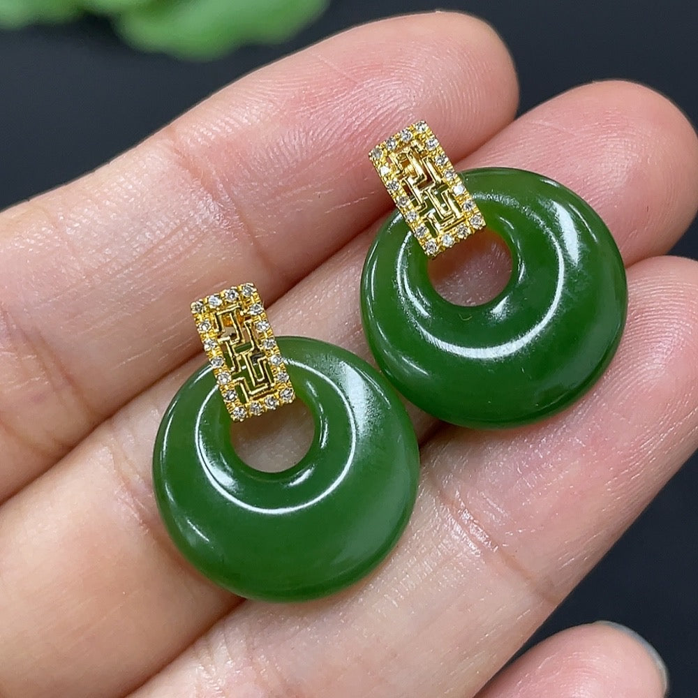 Green Hetian Jade Inlaid Earrings with Diamond Accents, 18K Gold