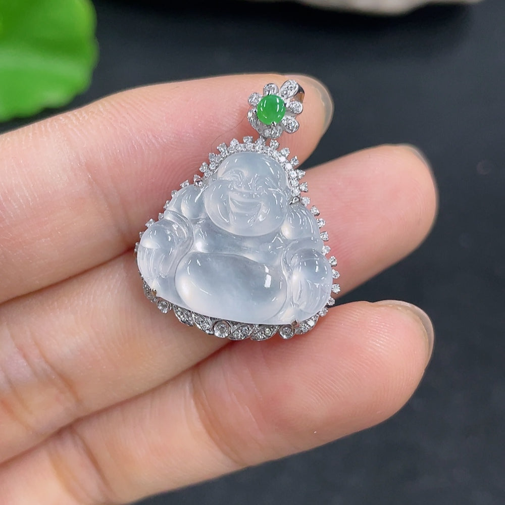 Jadeite Buddha pendant by HKHQ featuring 18k gold accents and diamond details, weighing approximately 4.79g.