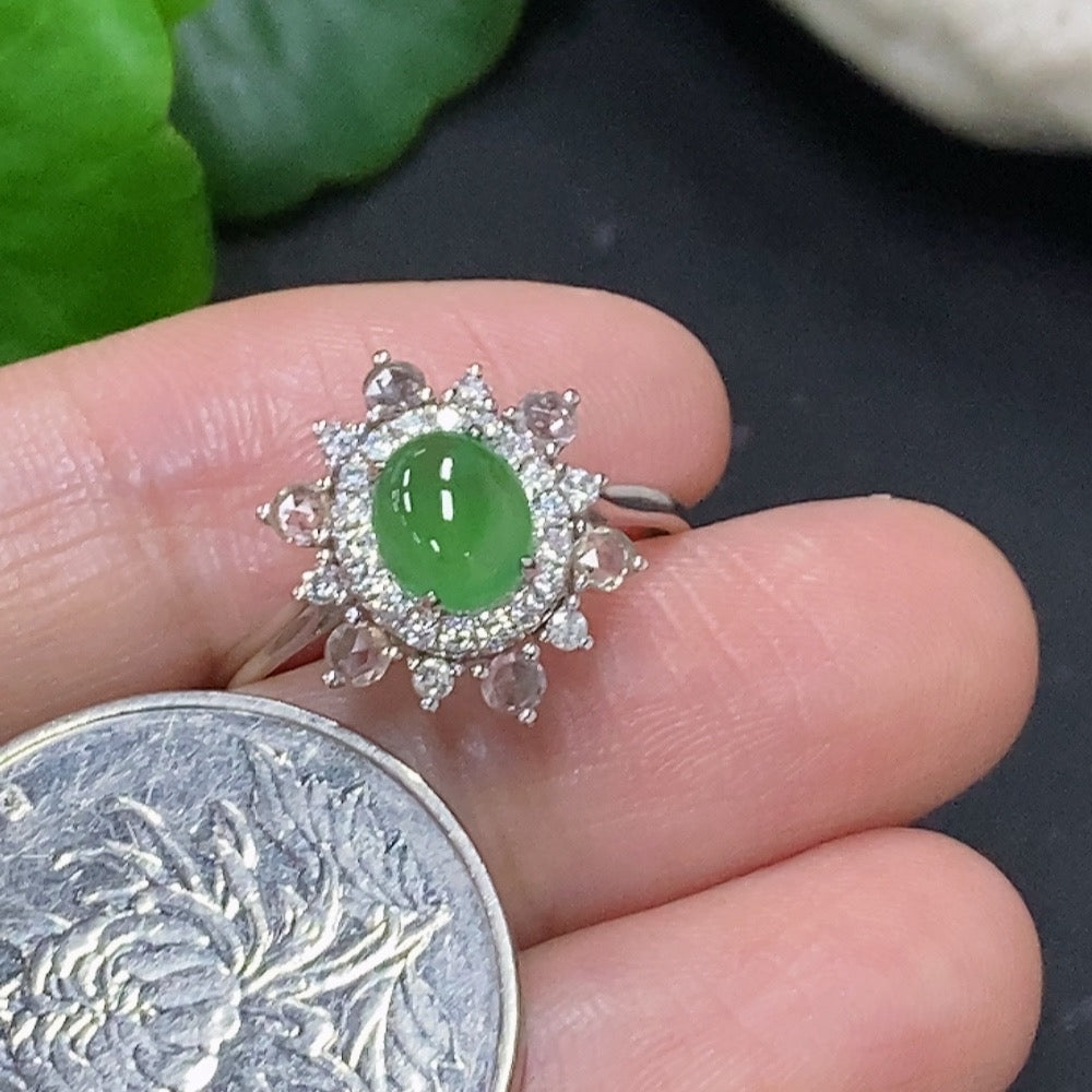 Jadeite inlaid ring by HKHQ with small diamond accents in 18k gold, size 15, showcasing intricate design and vibrant green jade.