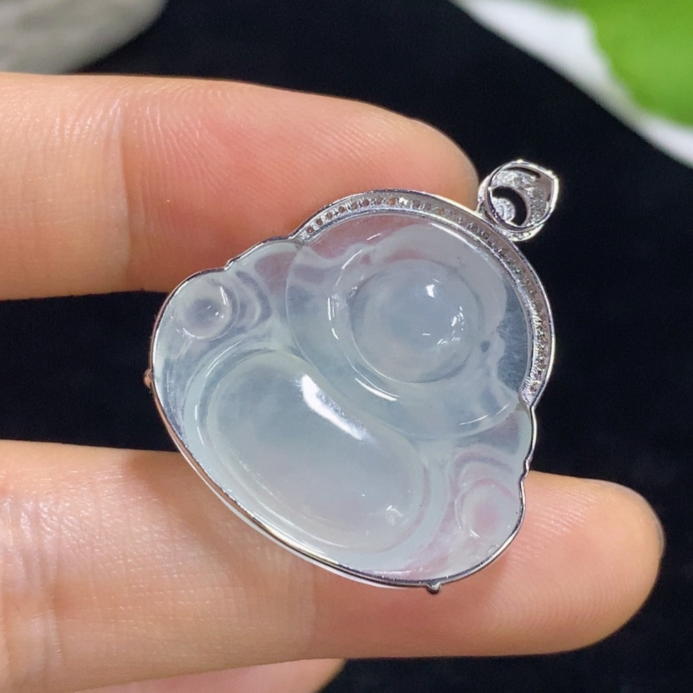Jadeite Pendant Buddha with 18K Gold and Diamond Accents, Total Weight Approximately 5.4g
