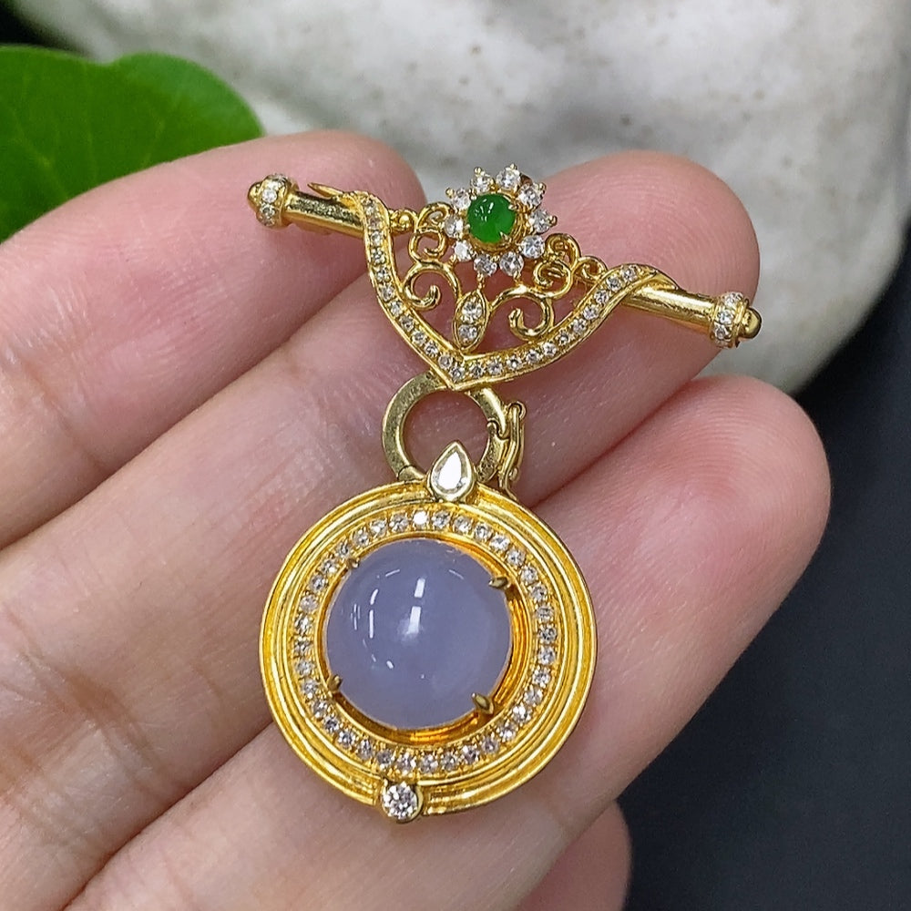 Jadeite Cabochon Brooch 18K Gold Total Weight Approx. 4.4g (With Diamond Accents)
