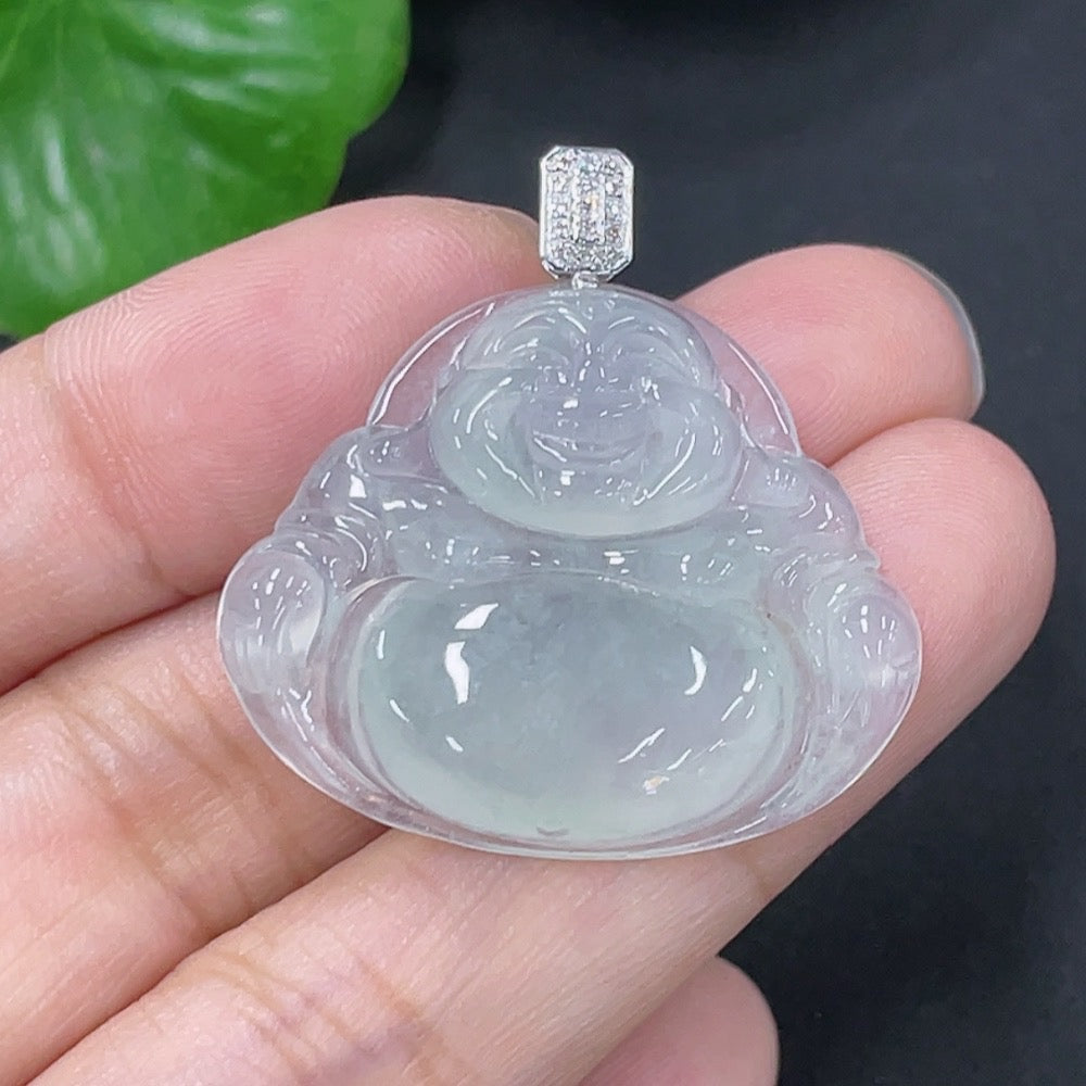 Jadeite Pendant Buddha with 18k Gold and Diamond Accents, Total Weight Approximately 5.92g