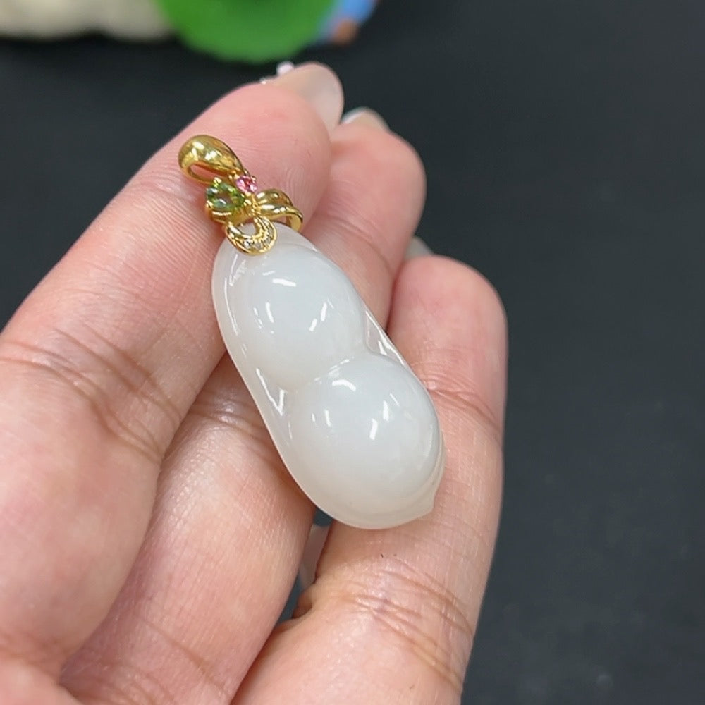 Hetian Jade Inlaid Pendant, Lucky Bean, Total Weight Approx. 9.3g, 18k Gold with Diamond Accents