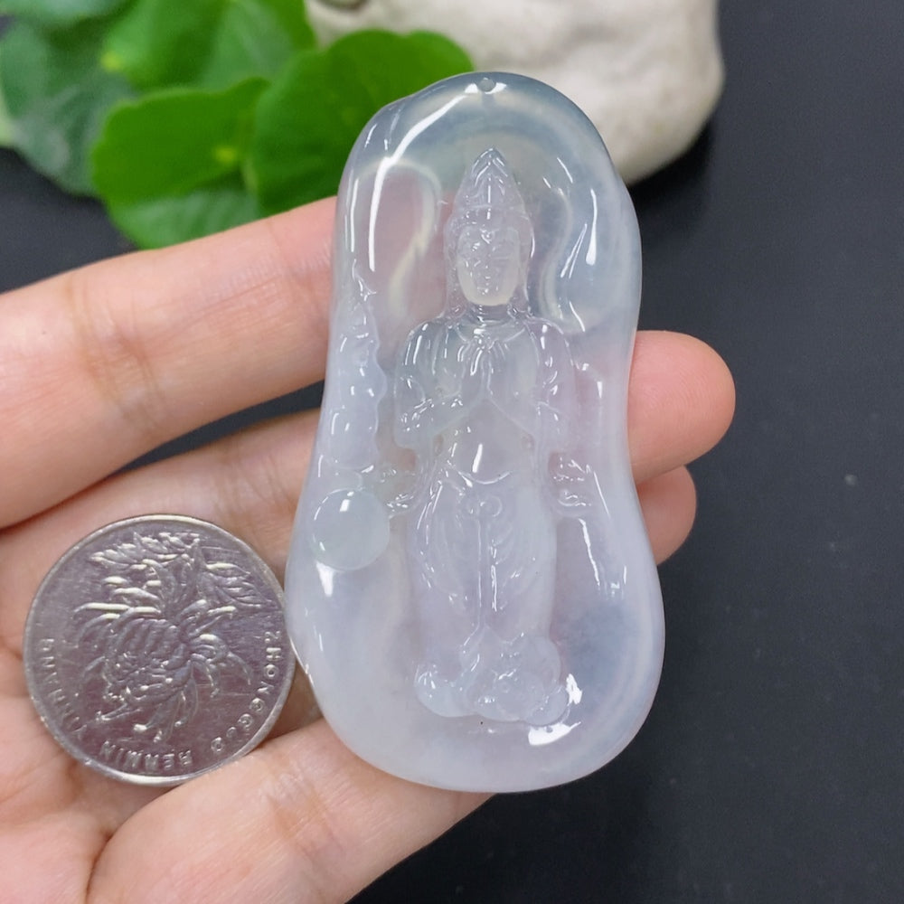 Jadeite Guanyin pendant necklace from HKHQ, weighing approximately 21.7g, featuring a detailed carved depiction of Guanyin.